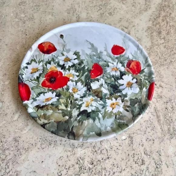 Vintage‎ Poppy Daisy Floral Teapot Stand Plate Kitchen Trivet Red White Melamine - Picture 2 of 8